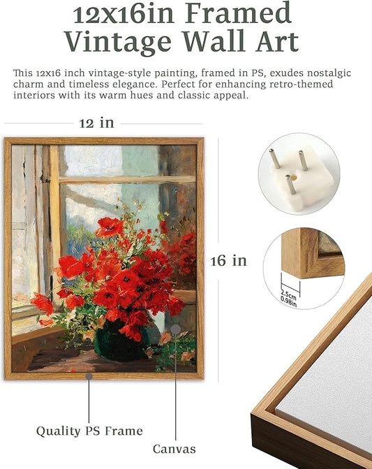 UPWOIGH 12x16 in Framed Wall Art, Red Poppies by the Window Oil Painting Canvas, Vintage Farmhouse Rustic Decor, Red Flowers Print, Antique Wall Decor for Living Room Bedroom, 1 Pack Gift