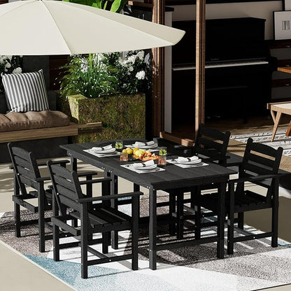 Anbuy Patio HDPE Dining Table Set, 5-Piece Outdoor Dining Table Sets, 2 in 1 Outdoor Furniture Table and 4 Outdoor Chairs for Garden, Backyard, Poolside, Easy Assembly, Black