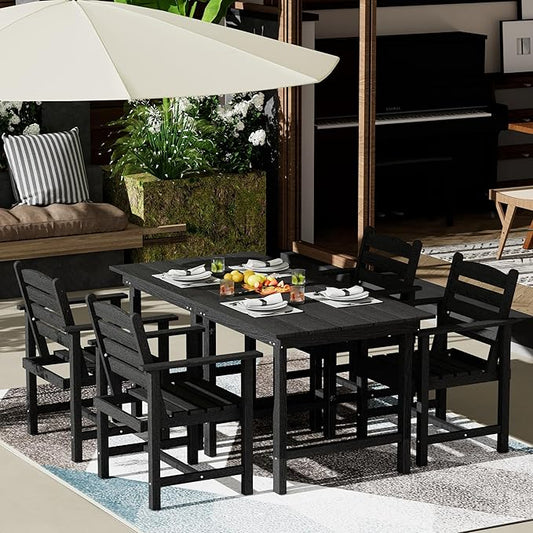 Anbuy Patio HDPE Dining Table Set, 5-Piece Outdoor Dining Table Sets, 2 in 1 Outdoor Furniture Table and 4 Outdoor Chairs for Garden, Backyard, Poolside, Easy Assembly, Black