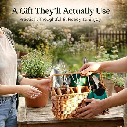 All-in-One Garden Tool Set with Basket, Stainless Steel Garden Tools with Wooden Handles, Garden Apron/Garden Waste Bags/Gardening Gloves Gardening Gift Set