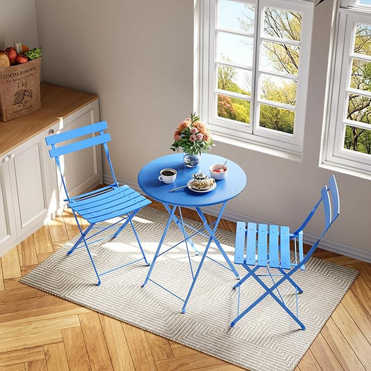 Premium Steel Frame Patio Bistro Set, 3-Piece Outdoor Folding Table and Chairs, Weather Resistant Conversation Sets of 2, Space Saving Patio Furniture for Backyard Balcony Porch Garden, Blue
