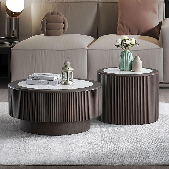 kevinplus ø35.43'' Round Faux Marble Coffee Table & Side End Table Set of 2 for Living Room, Modern Contemporary Circle Drum Embossment Fluted Pedestal Wooden Design, No Assembly (Dark Brown, 2-Pcs)