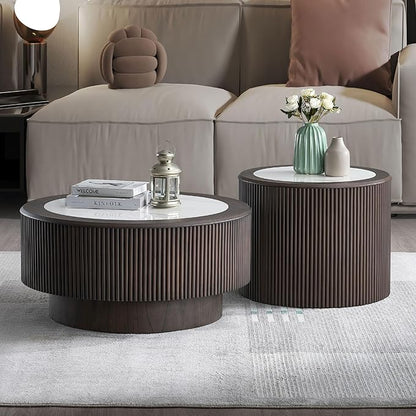 kevinplus ø35.43'' Round Faux Marble Coffee Table & Side End Table Set of 2 for Living Room, Modern Contemporary Circle Drum Embossment Fluted Pedestal Wooden Design, No Assembly (Dark Brown, 2-Pcs)