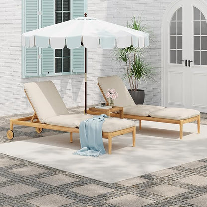 Christopher Knight Home Riviera Acacia Wood Chaise Lounge Chair Outdoor Set of 2, Wooden Patio Outdoor Chaise Lounge with Wheels and Cushions, Adjustable Backrest Single Lounge Sofa, Light Teak+Beige