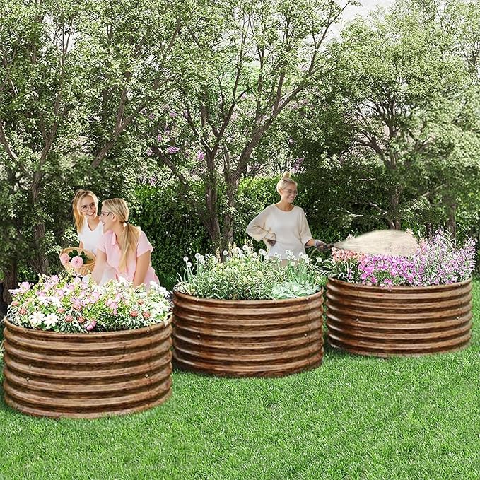 4 Pack Brown 2x2FT Round Corrugated Galvanized Steel Raised Garden Bed Outdoor, Metal Above Ground Garden Bed for Vegetables and Flowers, Raised Beds for Gardening-2x2FTx10Inch