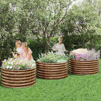 4 Pack Brown 2x2FT Round Corrugated Galvanized Steel Raised Garden Bed Outdoor, Metal Above Ground Garden Bed for Vegetables and Flowers, Raised Beds for Gardening-2x2FTx10Inch