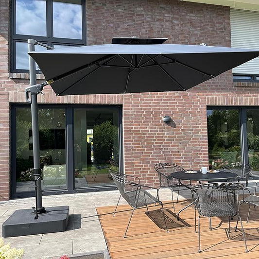 PURPLE LEAF 10ft Patio Umbrella with Base Large Outdoor Square Umbrella Deluxe Hanging Double Top Cantilever Offset Market Umbrella Windproof Garden Umbrella Grey