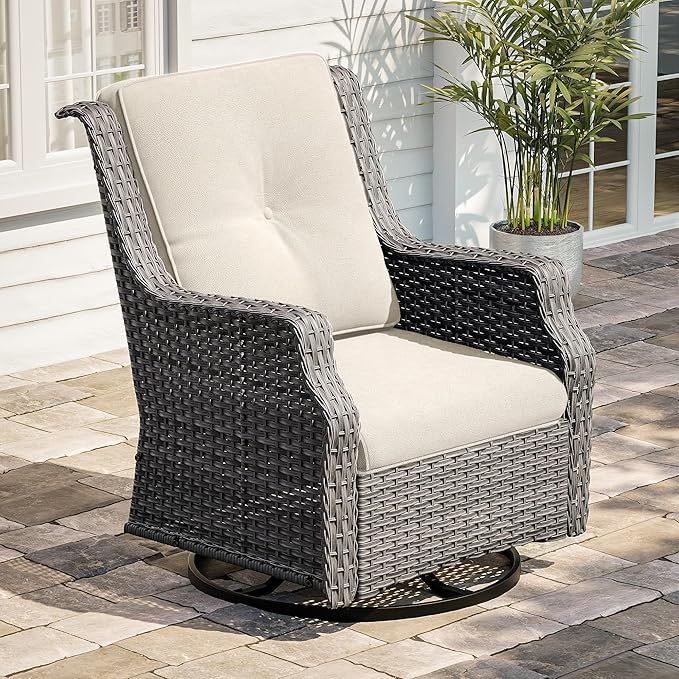 Swivel Patio Chair Outdoors - 360 Degree, Glider Chair with 3.5" Olefin Fabric Cushions (Mixed Grey Rattan/Beige)