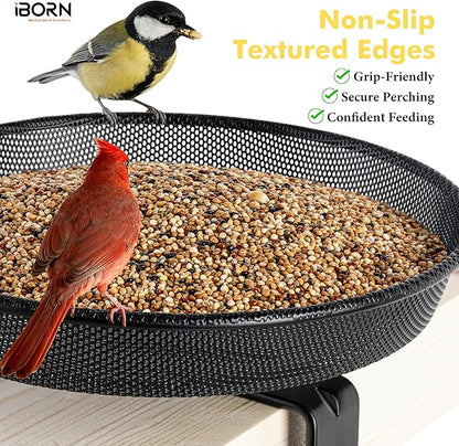 iBorn Deck Bird Feeders for Outdoors,Platform Bird Seed Tray with 5.5 lbs Capacity,Balcony Porch Railing Bird Feeder, Drainage Mesh Holes,Tilt-Proof, Windproof, Anti-Loosen, Easy to Refill&Clean,Black
