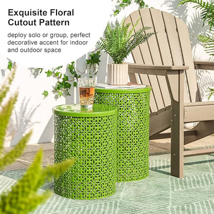 Glitzhome Outdoor Side Table Set of 2, Decorative Garden Stool for Indoor Outdoor Heavy Duty Metal Frame Accent Table Modern End Table, Glossy Green