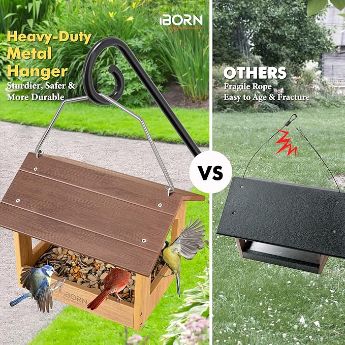 iBorn Pavilion Bird Feeder, Covered Platform Bird Feeder for Outdoors Hanging, WPC Recycled Plastic & Waterproof, Coffee