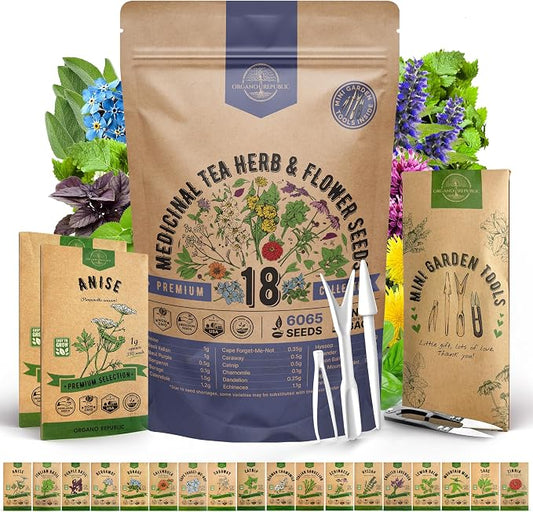 18 Medicinal Tea Herb & Flower Seeds Variety Pack - 6,100+ Non-GMO Heirloom Flower Seeds for Outdoor and Indoor Home Gardening, Including Anise, Borage, Catnip, Chamomile, Dandelion, Lavender, Sage
