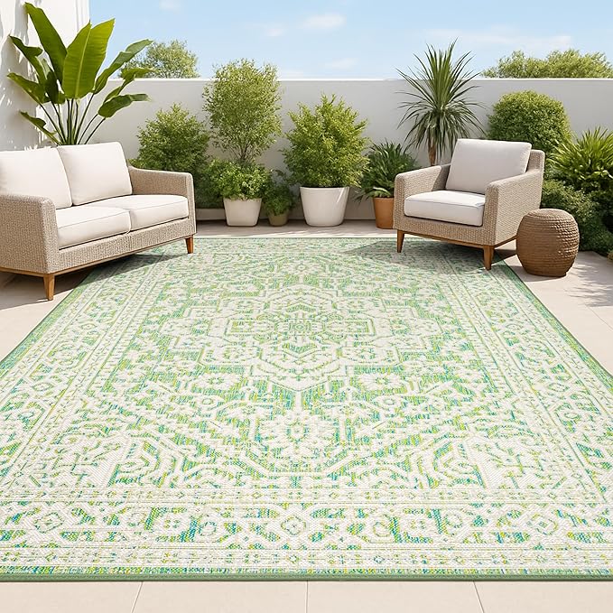 JONATHAN Y Medallion Weave Indoor Outdoor Area Rug 8X10 Cream/Green, Sinjuri Textured for Backyard, Patio, Porch, Easy-Cleaning, High Traffic, Pet-Friendly, Non-Shedding (SMB101H-8)