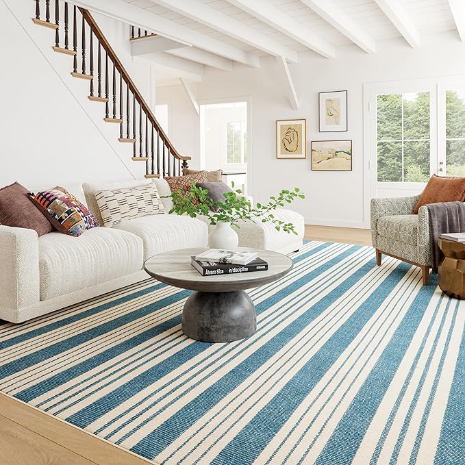 Dash & Albert Talos Blue Machine Washable Rug, 6 X 9 Feet, Blue/Ivory Stripe Pattern