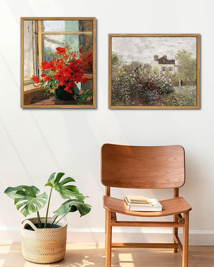 UPWOIGH 16x24 in Large Framed Wall Art, Red Poppies by the Window Oil Painting Canvas, Vintage Farmhouse Rustic Decor, Red Flowers Print, Antique Wall Decor for Living Room Bedroom, 1 Pack Gift