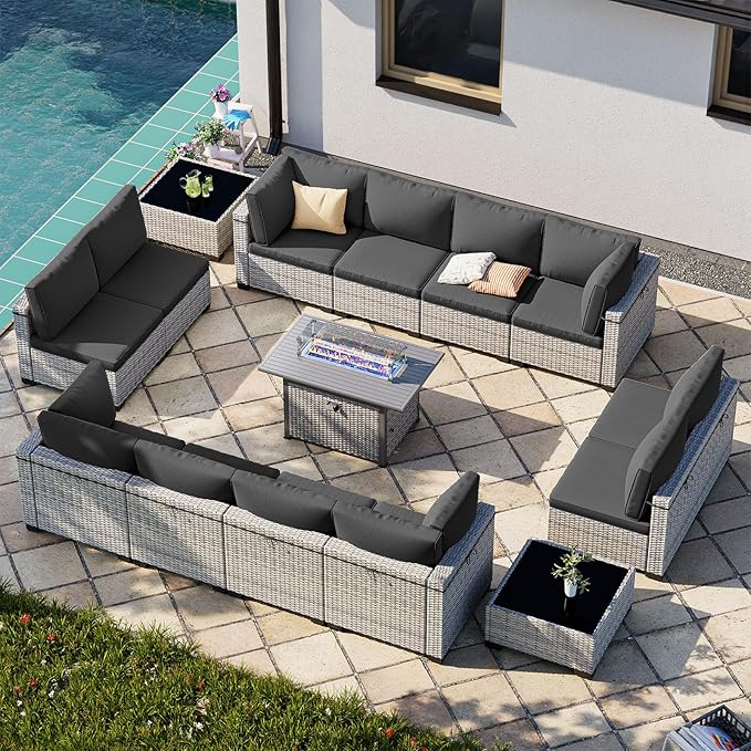 15-Piece Patio Furniture Set, Outdoor Patio Furniture with 55,000 BTU Fire Pit Table, Thick Cushions, Modular Patio Sofa, Dual-Strand Wicker Rattan, Rust-Resistant Frame, Black
