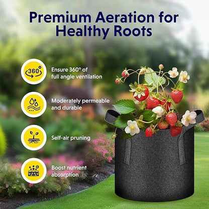 iPower 5 Pack 7 Gallon Plant Grow Bags, Thickened Nonwoven Aeration Fabric Pots Heavy Duty Durable Container, Strap Handles for Garden, Black
