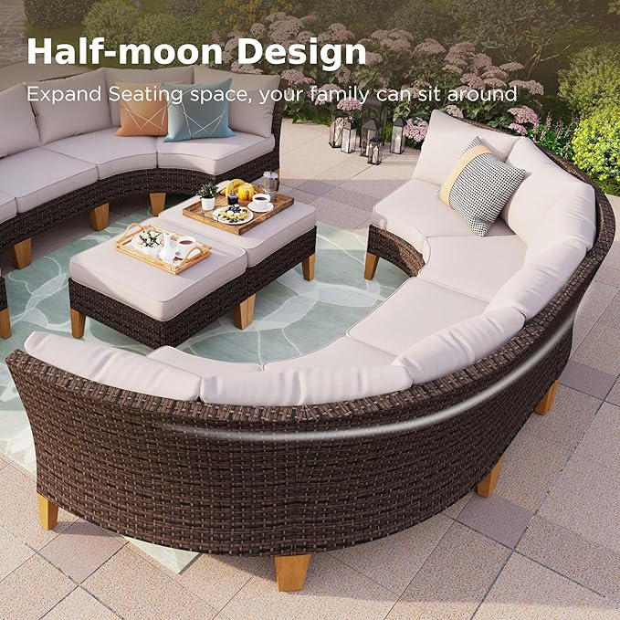 PHI VILLA 8-Piece Half-Moon Patio Furniture Set, Outdoor Wicker Sectional Sofa with Thick Beige Cushions, 2 Ottomans, Large Curved Conversation Seating for Garden or Backyard