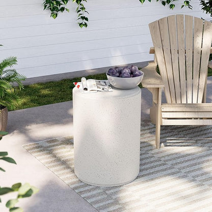 COSIEST 21" Outdoor Side Table, Weather-Resistant Round Concrete End Table for Patio,Durable Small Outside Tables Accent Stool for Garden, Porch, Deck, Balcony & Beach，Speckled White