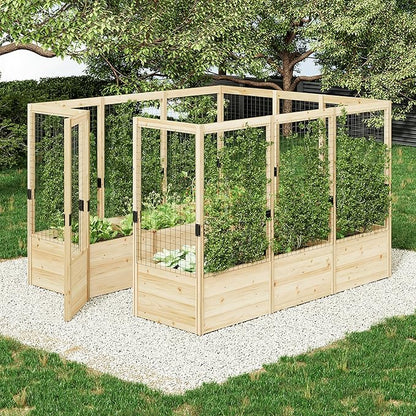 AMERLIFE Raised Garden Bed with Deer Proof Fence, 7.5Wx9Dx6H Outdoor Wooden Raised Garden Bed Planter with 19" Depth Planter Box