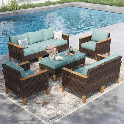 PHI VILLA 9-Piece Outdoor Wicker Furniture Set with 4-inch Thick Cushions, High Back Wicker Sofa for Deck, Yard, and Poolside in Blue (Loveseat Style)