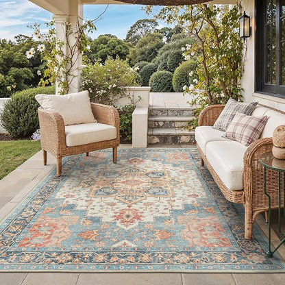 GENIMO Outdoor & Indoor Area Rug 4'x6', Waterproof, Non-Shedding, Easy Cleaning, Boho Mat for Patio, Living Room, Balcony, Dining Room, RV, Deck, Bedroom, Camping, Outside Carpet,Blue Salmon