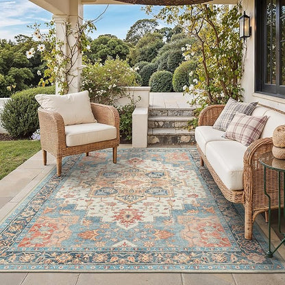GENIMO Outdoor & Indoor Area Rug 6'x9', Waterproof, Non-Shedding, Easy Cleaning, Boho Mat for Patio, Living Room, Balcony, Dining Room, RV, Deck, Bedroom, Camping, Outside Carpet,Blue Salmon