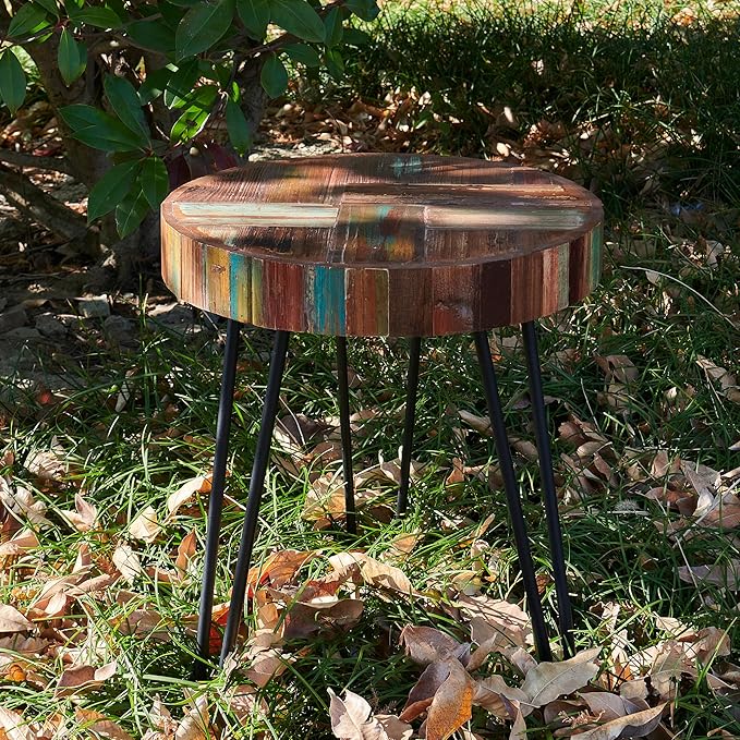 Wood Multi Color Side Table 16" x 16" x 21.5" H Farmhouse Reclaimed Wooden Coffee Tables Round Vintage Accent Rustic Plant Stand Outdoor Patio End Tables for Living Room Bedroom