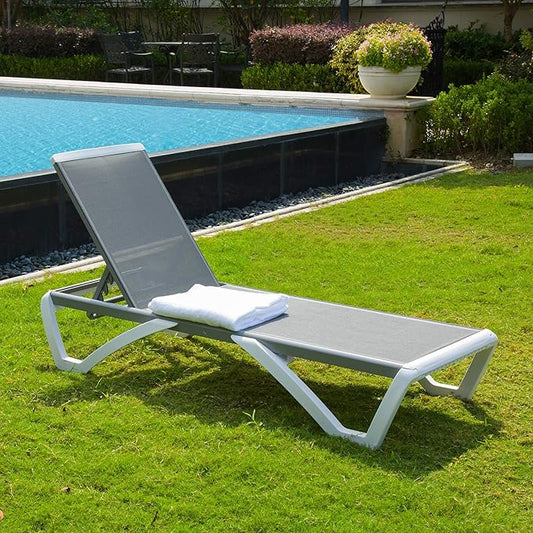 Domi Outdoor Chaise Lounge, Adjustable Aluminum Patio Lounge, Plastic Pool Lounge Chair for Deck Lawn Backyard (1 Grey Chair W/O Table)