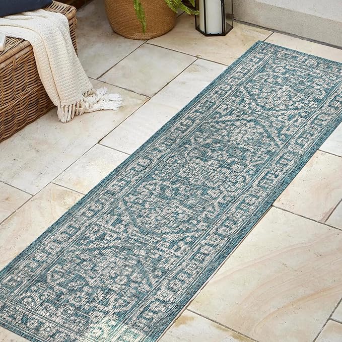 JONATHAN Y Boho Medallion Indoor Outdoor Runner Rug 2X8 Teal/Gray, Malta Textured Weave for Backyard, Patio, Porch, Easy-Cleaning, High Traffic, Pet-Friendly, Non-Shedding (SMB104B-28)