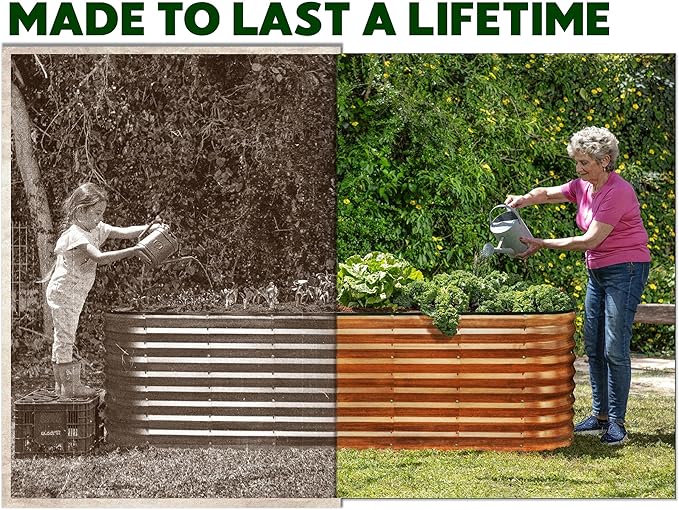 Plant & Plot Galvanized Raised Garden Beds Outdoor // 8×2×2 ft Planter Raised Beds for Gardening, Vegetables, Flowers (Dark Wood Grain) // Large Metal Garden Box // Patented Tool-Free Design
