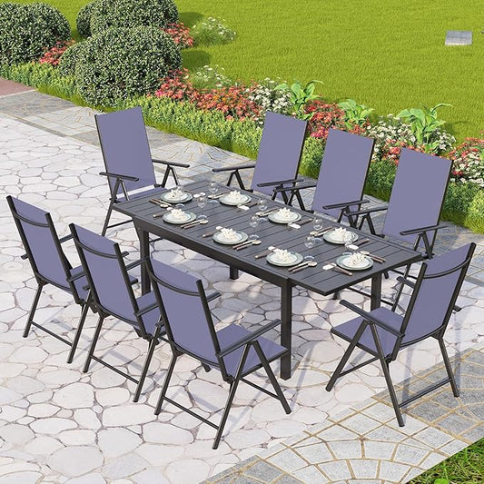 PHI VILLA 9 Piece Outdoor Dining Set, All Weather Furniture Patio Table and Chairs for 8 with Adjustable Lightweight Patio Folding Dining Chairs (Blue) & Extendable Metal Table for Garden, Yard