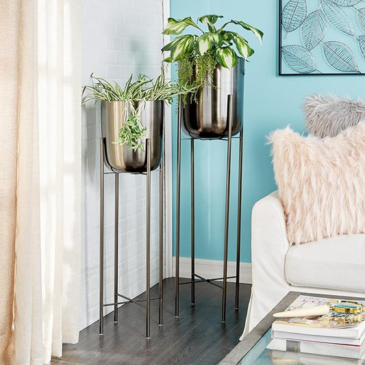 CosmoLiving by Cosmopolitan Metal Indoor Outdoor Planter Dome Large Planter Pot with Removable Stand, Set of 2 Planters 39", 46"H, Black