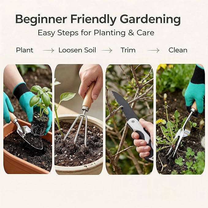 All-in-One Garden Tool Set with Basket, Stainless Steel Garden Tools with Wooden Handles, Garden Apron/Garden Waste Bags/Gardening Gloves Gardening Gift Set