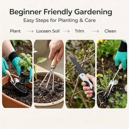 All-in-One Garden Tool Set with Basket, Stainless Steel Garden Tools with Wooden Handles, Garden Apron/Garden Waste Bags/Gardening Gloves Gardening Gift Set