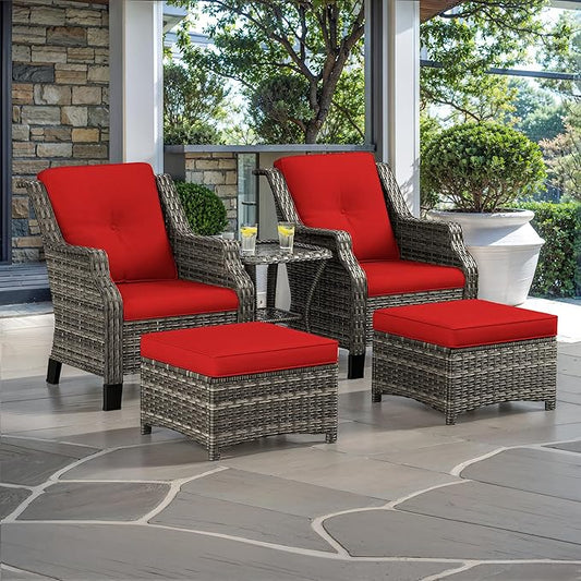 5 Piece Patio Furniture Wicker Conversation Set, 2 Chairs, 2 Ottomans with 1 Side Table, for Outdoors, Backyard, Deck, Red