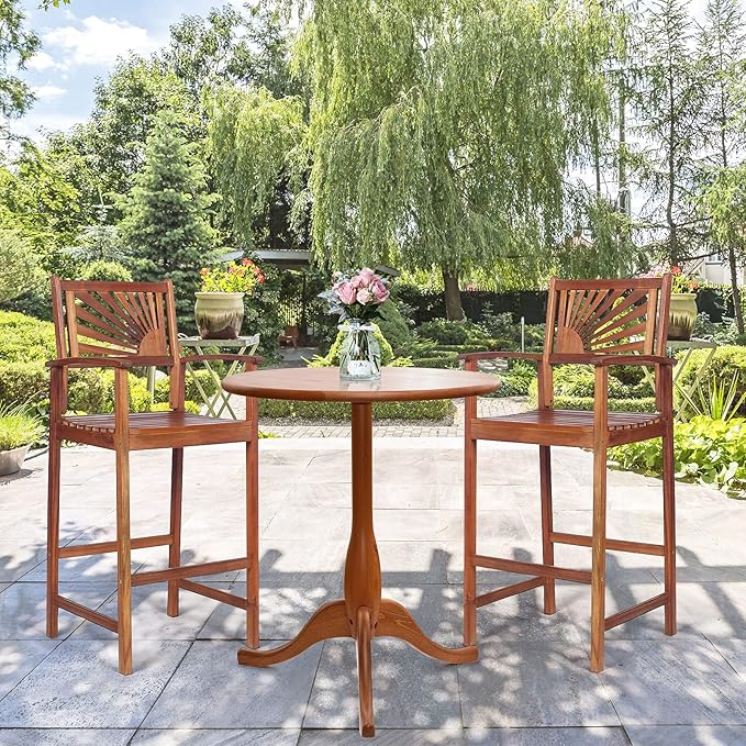 COSTWAY Bar Stools Set of 2, Outdoor Acacia Wood Bar Chairs with Sunflower Backrest, Curved Armrests & Breathable Seat, Ideal for Balcony, Sunroom, Patio, Easy Assembly