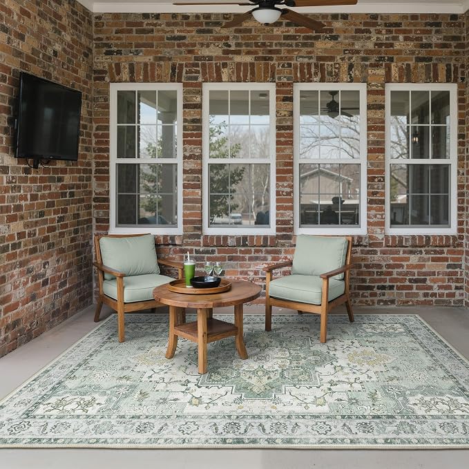 GENIMO Outdoor & Indoor Area Rug 5'x8', Waterproof, Non-Shedding, Easy Cleaning, Boho Mat for Patio, Living Room, Balcony, Dining Room, RV, Deck, Bedroom, Camping, Outside Carpet,Light Green