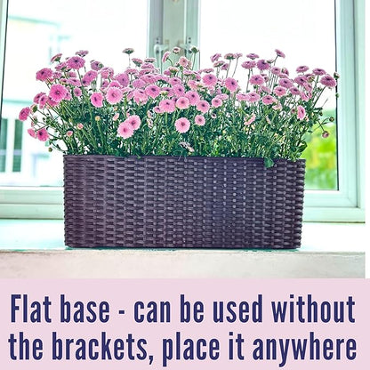 LaLaGreen Deck Railing Planter Box (20 Inch, 4 Pack) Brown Rectangular Window Flower Boxes with Bracket, Self Watering System Hanging Planter Box for Outdoor Plant Container Herb Rail Fence Balcony