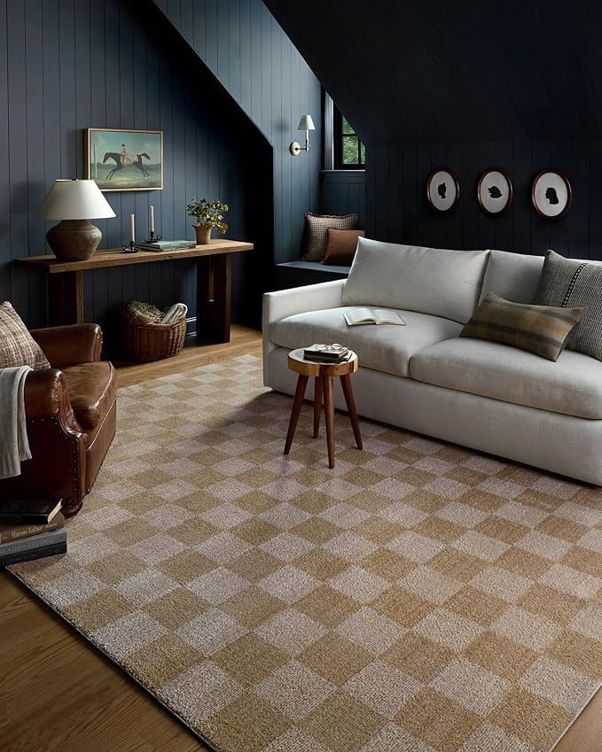 Loloi Chris Loves Julia Calvin Collection CLV-01 Wheat/Ivory 2'-7" x 10'-0" Runner Rug Checkered Neutral Soft Living Room Bedroom Carpet