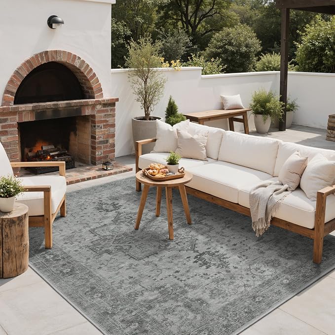 GENIMO Outdoor & Indoor Area Rug 6'x9', Waterproof, Non-Shedding, Easy Cleaning, Boho Mat for Patio, Living Room, Balcony, Dining Room, RV, Deck, Bedroom, Camping, Outside Carpet,Dark Grey