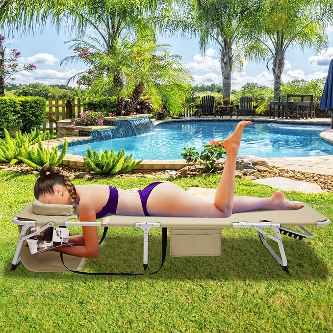 ABORON 3-in-1 Tanning Chair, 5-Position with Face and Arm Holes | 5-position reclining chair includes a removable mat, pillow, face hole and arm slots; folds flat for beach or patio use.