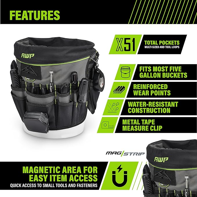 AWP Bucket Tool Organizer 51-Pocket for 5-Gallon Buckets, Water-Resistant Heavy-Duty Utility Tool Bag with Pockets for Tools, Screwdrivers, and Electrical Accessories, 1L-22051-1