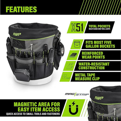 AWP Bucket Tool Organizer 51-Pocket for 5-Gallon Buckets, Water-Resistant Heavy-Duty Utility Tool Bag with Pockets for Tools, Screwdrivers, and Electrical Accessories, 1L-22051-1
