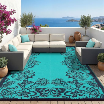 Garvee Outdoor Rugs 8’x10’ Waterproof Reversible Mats, Large Area Plastic Straw Rug, Outside Carpet, Butterfly Floral Rv Mat for Patio Camping Picnic Backyard Deck Balcony Porch Beach Trailer