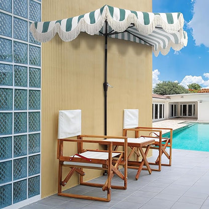 JONATHAN Y Half Umbrella UMB1201F Beverly 9 ft. Designer Classic Scalloped Fringe Market Patio with Crank, Push Button Tilt and UV Protection in Green/White