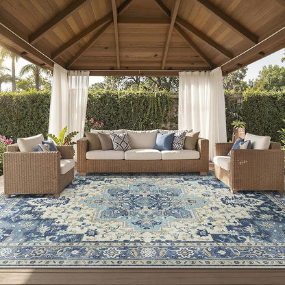 GENIMO Outdoor & Indoor Area Rug 10'x14', Waterproof, Non-Shedding, Easy Cleaning, Boho Mat for Patio, Living Room, Balcony, Dining Room, RV, Deck, Bedroom, Camping, Outside Carpet,Center Blue