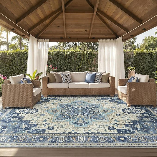 GENIMO Outdoor & Indoor Area Rug 10'x14', Waterproof, Non-Shedding, Easy Cleaning, Boho Mat for Patio, Living Room, Balcony, Dining Room, RV, Deck, Bedroom, Camping, Outside Carpet,Center Blue