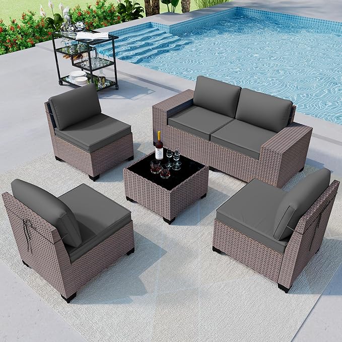 6PCS Outdoor Patio Furniture Set,PE Rattan Wicker Patio Conversation Set with Washable Cushions & Glass Coffee Table,Patio Sectional Furniture Set for Garden, Poolside, Backyard,Grey