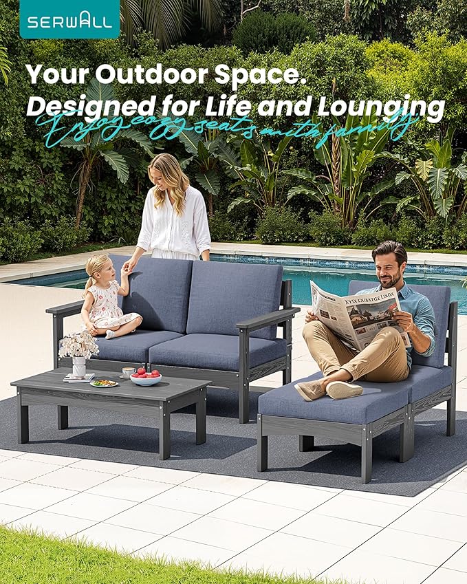 SERWALL 5-Piece Patio Sofas, All-Weather HDPE Outdoor Sectional Sofa with Cushions and Coffee Table, Large Modular Patio Conversation Set for Garden, Lawn, Deck, Porch, Grey Frame with Grey Cushion